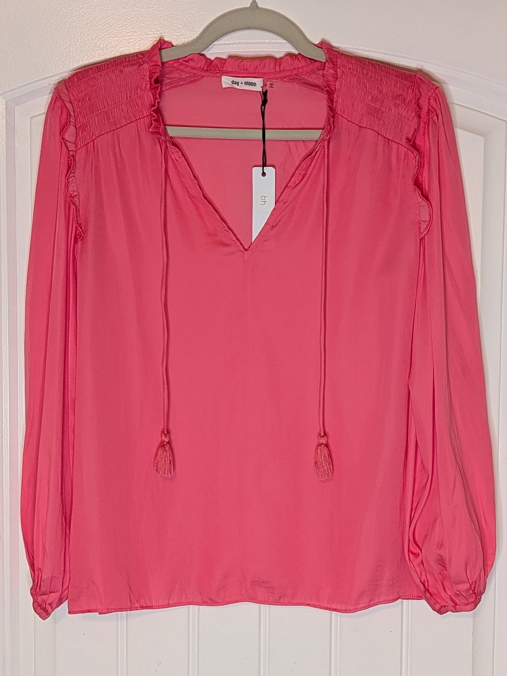 Day + Moon Pink Long Sleeve Blouse with Tassel Details
